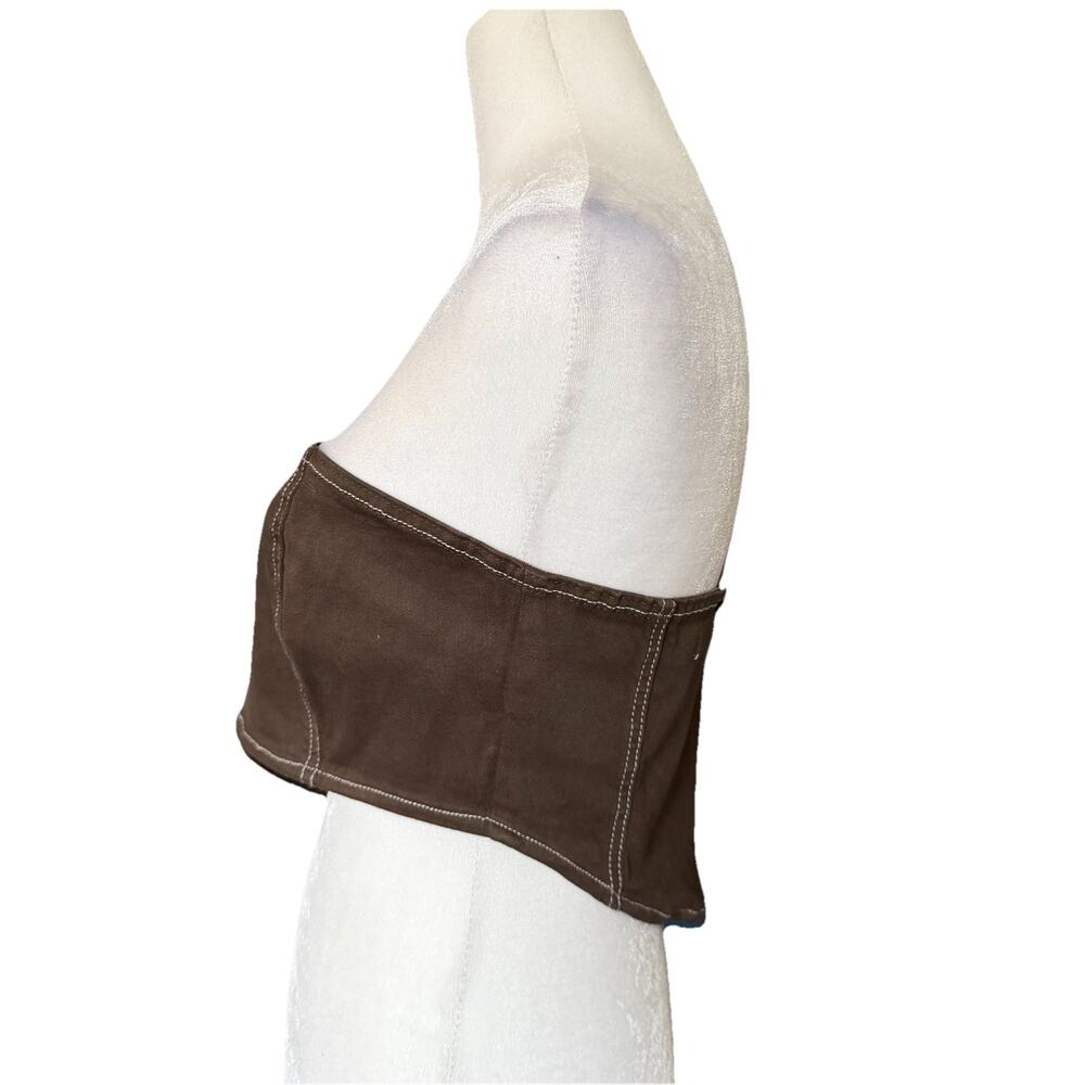 NA-KD Womens Size 38 Contrast Seam Corset Denim Top Dark Brown Cropped Blouse - Picture 6 of 7